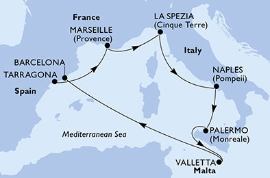 Španielsko, Francúzsko, Taliansko, Malta z Tarragony na lodi MSC Magnifica