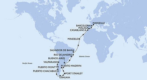 Francúzsko, Španielsko, Maroko, Kapverdy, Brazília, Argentína, Zámořské území Velké Británie, Chile z Marseille na lodi MSC Magnifica