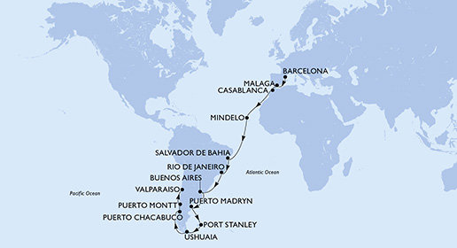 Španielsko, Maroko, Kapverdy, Brazília, Argentína, Zámořské území Velké Británie, Chile z Barcelony na lodi MSC Magnifica