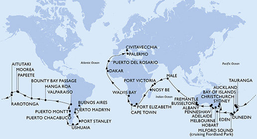 Argentína, Zámořské území Velké Británie, Chile, Francouzská Polynésie, Cookovy ostrovy, Nový Zéland, Austrália, Maledivy, Seychely, Madagaskar, Juhoafrická republika, Namíbia, Senegal, Španielsko, Taliansko z Buenos Aires na lodi MSC Magnifica