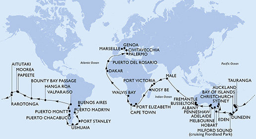 Argentína, Zámořské území Velké Británie, Chile, Francouzská Polynésie, Cookovy ostrovy, Nový Zéland, Austrália, Maledivy, Seychely, Madagaskar, Juhoafrická republika, Namíbia, Senegal, Španielsko, Taliansko, Francúzsko z Buenos Aires na lodi MSC Magnifica