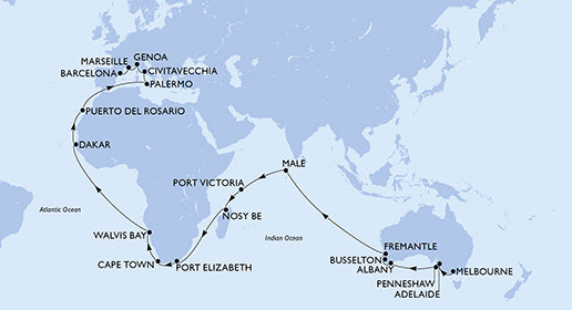 Austrália, Maledivy, Seychely, Madagaskar, Juhoafrická republika, Namíbia, Senegal, Španielsko, Taliansko, Francúzsko z Melbournu na lodi MSC Magnifica