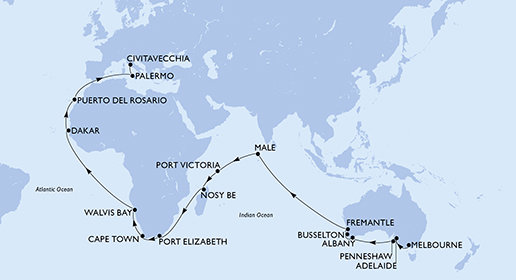 Austrália, Maledivy, Seychely, Madagaskar, Juhoafrická republika, Namíbia, Senegal, Španielsko, Taliansko z Melbournu na lodi MSC Magnifica