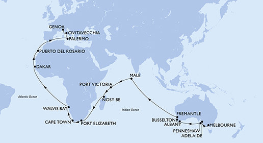 Austrália, Maledivy, Seychely, Madagaskar, Juhoafrická republika, Namíbia, Senegal, Španielsko, Taliansko z Melbournu na lodi MSC Magnifica