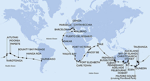 Chile, Zámořské území Velké Británie, Francouzská Polynésie, Cookovy ostrovy, Nový Zéland, Austrália, Maledivy, Seychely, Madagaskar, Juhoafrická republika, Namíbia, Senegal, Španielsko, Taliansko, Francúzsko z Valparaisa na lodi MSC Magnifica