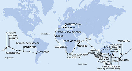 Chile, Zámořské území Velké Británie, Francouzská Polynésie, Cookovy ostrovy, Nový Zéland, Austrália, Maledivy, Seychely, Madagaskar, Juhoafrická republika, Namíbia, Senegal, Španielsko, Taliansko z Valparaisa na lodi MSC Magnifica