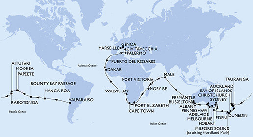 Chile, Zámořské území Velké Británie, Francouzská Polynésie, Cookovy ostrovy, Nový Zéland, Austrália, Maledivy, Seychely, Madagaskar, Juhoafrická republika, Namíbia, Senegal, Španielsko, Taliansko, Francúzsko z Valparaisa na lodi MSC Magnifica