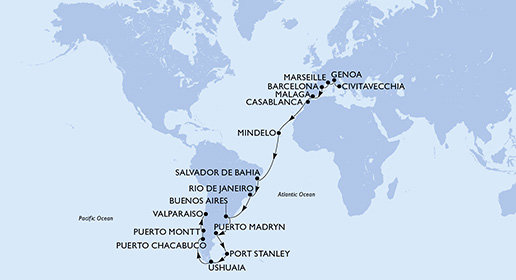 Taliansko, Francúzsko, Španielsko, Maroko, Kapverdy, Brazília, Argentína, Zámořské území Velké Británie, Chile z Civitavechie na lodi MSC Magnifica