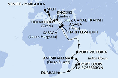 Taliansko, Chorvátsko, Grécko, Egypt, Jordánsko, Seychely, Madagaskar, Maurícius, Reunion, Juhoafrická republika z Benátok na lodi MSC Opera