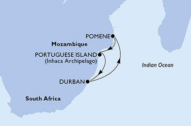 Juhoafrická republika, Mozambik z Durbanu na lodi MSC Opera