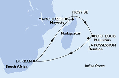 Juhoafrická republika, Madagaskar, Francúzsko, Maurícius, Reunion z Durbanu na lodi MSC Opera