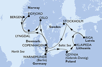 Nemecko, Nórsko, Dánsko, Poľsko, Litva, Lotyšsko, Švédsko z Warnemünde na lodi MSC Poesia