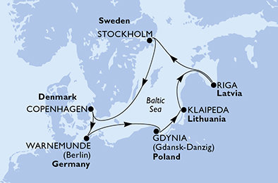 Nemecko, Poľsko, Litva, Lotyšsko, Švédsko, Dánsko z Warnemünde na lodi MSC Magnifica