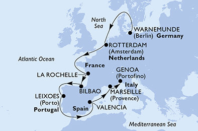 Nemecko, Holandsko, Francúzsko, Španielsko, Portugalsko, Taliansko z Warnemünde na lodi MSC Magnifica