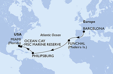 Španielsko, Portugalsko, Svatý Martin, Bahamy, USA z Barcelony na lodi MSC Poesia