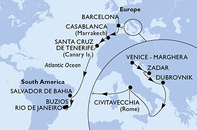 Taliansko, Chorvátsko, Španielsko, Maroko, Brazília z Benátok na lodi MSC Armonia