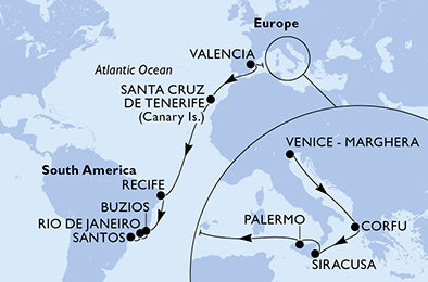 Taliansko, Grécko, Španielsko, Brazília z Benátok na lodi MSC Lirica