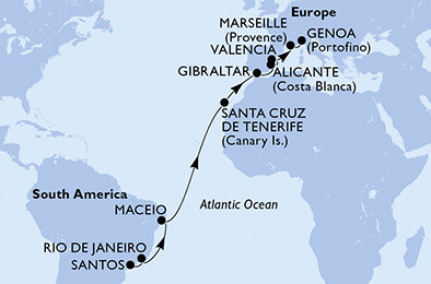 Brazília, Španielsko, Gibraltár, Francúzsko, Taliansko zo Santosu na lodi MSC Seaview