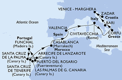 Španielsko, Portugalsko, Maroko, Taliansko, Grécko, Chorvátsko z Las Palmas na lodi MSC Opera