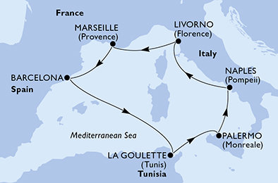 Španielsko, Tunisko, Taliansko, Francúzsko z Barcelony na lodi MSC Meraviglia