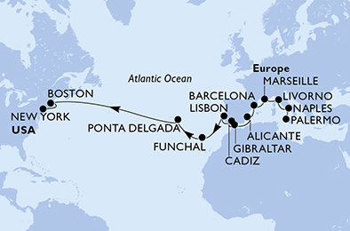 Taliansko, Francúzsko, Španielsko, Gibraltár, Portugalsko, USA z Palerma na lodi MSC Meraviglia