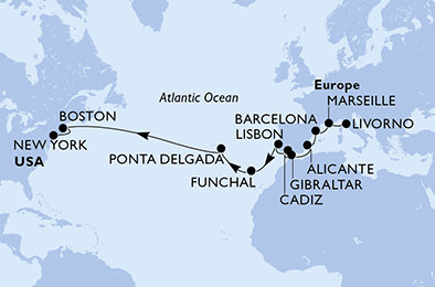 Taliansko, Francúzsko, Španielsko, Gibraltár, Portugalsko, USA z Livorna na lodi MSC Meraviglia