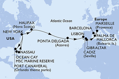 USA, Bahamy, Kanada, Portugalsko, Španielsko, Gibraltár, Francúzsko z New Yorku na lodi MSC Meraviglia