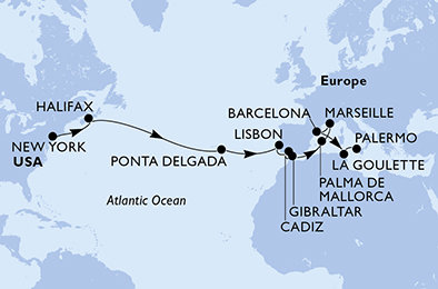 USA, Kanada, Portugalsko, Španielsko, Gibraltár, Francúzsko, Tunisko, Taliansko z New Yorku na lodi MSC Meraviglia