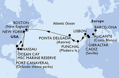 Španielsko, Gibraltár, Portugalsko, USA, Bahamy z Barcelony na lodi MSC Meraviglia