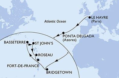 Francúzsko, Portugalsko, Barbados, Svätý Krištof a Nevis, Antigua a Barbuda, Dominika, Martinik z Le Havre na lodi MSC Virtuosa