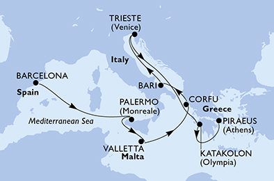 Španielsko, Taliansko, Malta, Grécko z Barcelony na lodi MSC Fantasia