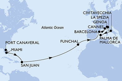 USA, Portugalsko, Španielsko, Francúzsko, Taliansko z Port Canaveralu na lodi MSC Grandiosa