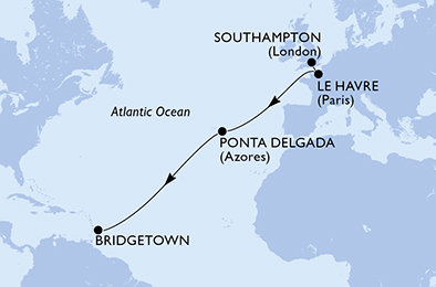 Veľká Británia, Francúzsko, Portugalsko, Barbados zo Southamptonu na lodi MSC Virtuosa