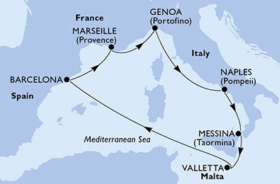 Španielsko, Francúzsko, Taliansko, Malta z Barcelony na lodi MSC World Asia