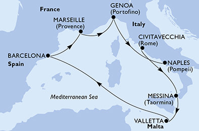 Taliansko, Malta, Španielsko, Francúzsko z Civitavechie na lodi MSC World Asia