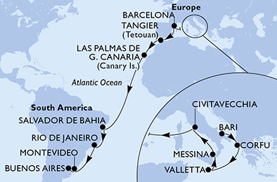 Taliansko, Grécko, Malta, Španielsko, Maroko, Brazília, Uruguaj, Argentína z Bari na lodi MSC Fantasia