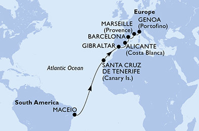 Brazília, Španielsko, Gibraltár, Francúzsko, Taliansko z Maceia na lodi MSC Seaview