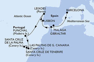 Španielsko, Gibraltár, Portugalsko z Barcelony na lodi MSC Musica