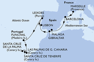 Francúzsko, Španielsko, Gibraltár, Portugalsko z Marseille na lodi MSC Musica