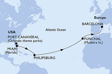 USA, Svatý Martin, Portugalsko, Španielsko z Port Canaveralu na lodi MSC Grandiosa