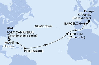 USA, Svatý Martin, Portugalsko, Španielsko, Francúzsko z Port Canaveralu na lodi MSC Grandiosa