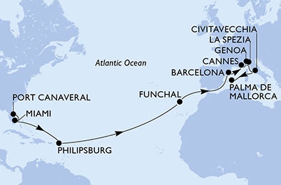 USA, Svatý Martin, Portugalsko, Španielsko, Francúzsko, Taliansko z Port Canaveralu na lodi MSC Grandiosa