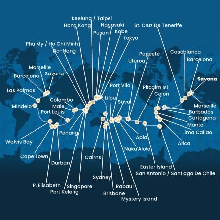 Taliansko, Francúzsko, Španielsko, Maroko, Barbados, Kolumbia, Panama, Ekvádor, Peru, Chile, Zámořské území Velké Británie, Francouzská Polynésie, Samoa, Tonga, Fiji, Vanuatská republika, Nová Kaledonie, Austrália, Papua Nová Guinea, Japonsko, Južná Kórea, Tchaj-wan, Čína, Vietnam, Singapur, Malajzia, Srí Lanka, Maledivy, Maurícius, Juhoafrická republika, Namíbia, Kapverdy zo Savony na lodi Costa Deliziosa