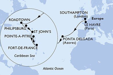 Veľká Británia, Francúzsko, Portugalsko, Britské Panenské ostrovy, Svatý Martin, Antigua a Barbuda, Martinik, Guadeloupe zo Southamptonu na lodi MSC Virtuosa