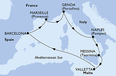 Španielsko, Francúzsko, Taliansko, Malta z Barcelony na lodi MSC World Europa