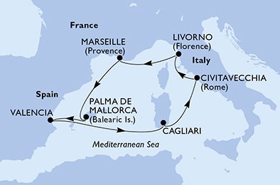 Španielsko, Taliansko, Francúzsko z Palmy de Mallorca na lodi MSC Lirica