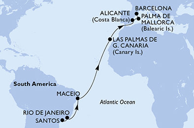 Brazília, Španielsko zo Santosu na lodi MSC Seaview