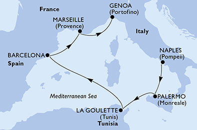 Taliansko, Tunisko, Španielsko, Francúzsko z Neapolu na lodi MSC Fantasia