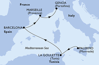 Taliansko, Tunisko, Španielsko, Francúzsko z Palerma na lodi MSC Fantasia