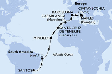 Brazília, Kapverdy, Španielsko, Maroko, Taliansko zo Santosu na lodi MSC Orchestra